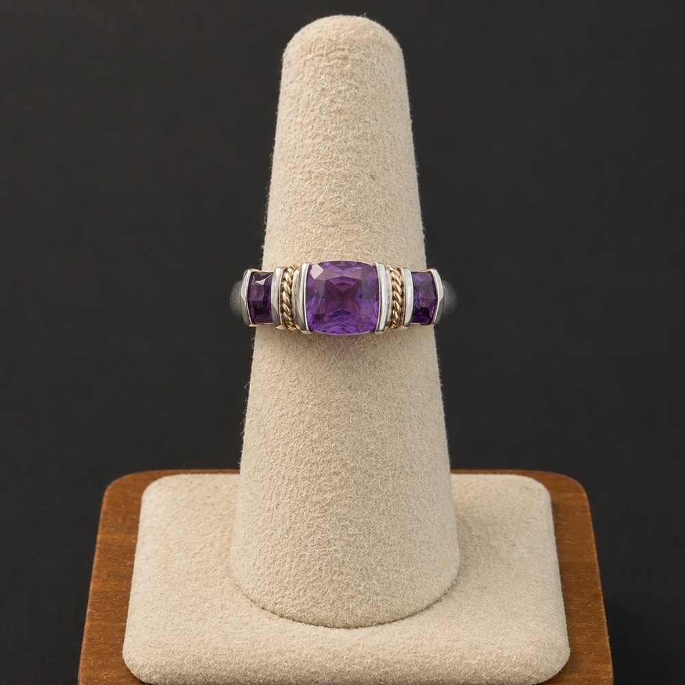 Purple Amethyst Sterling Silver and 14k Yellow  Gold Rope Accent Ring Sz 6